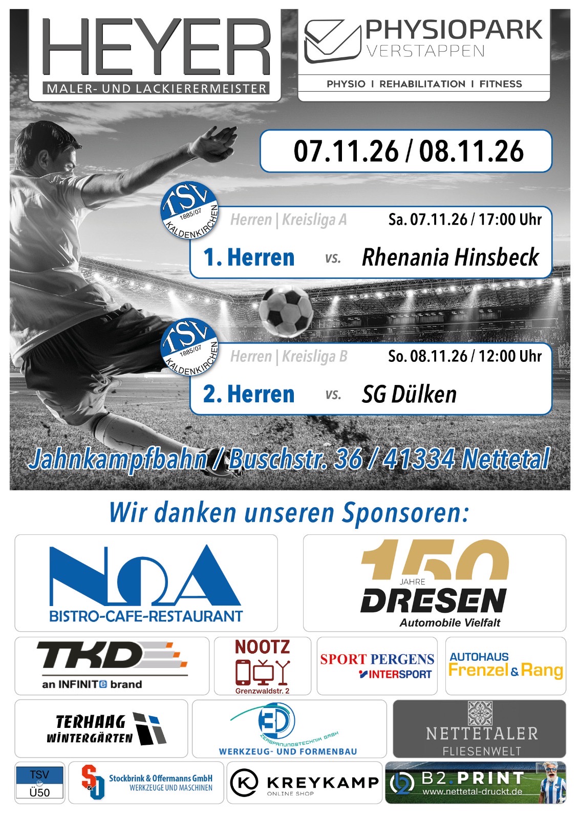 Spieltagsplakat für den 7. und 8. November 2026 mit allen Sponsoren